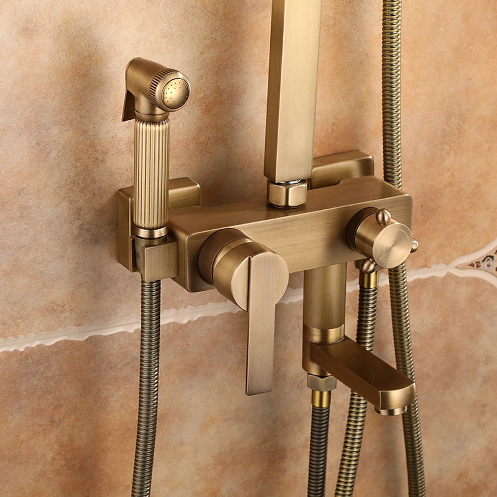 Rainfall Wall-Mounted Shower System, Single-Handle Tub Spout Faucet, Antique Brass / Brushed Nickel