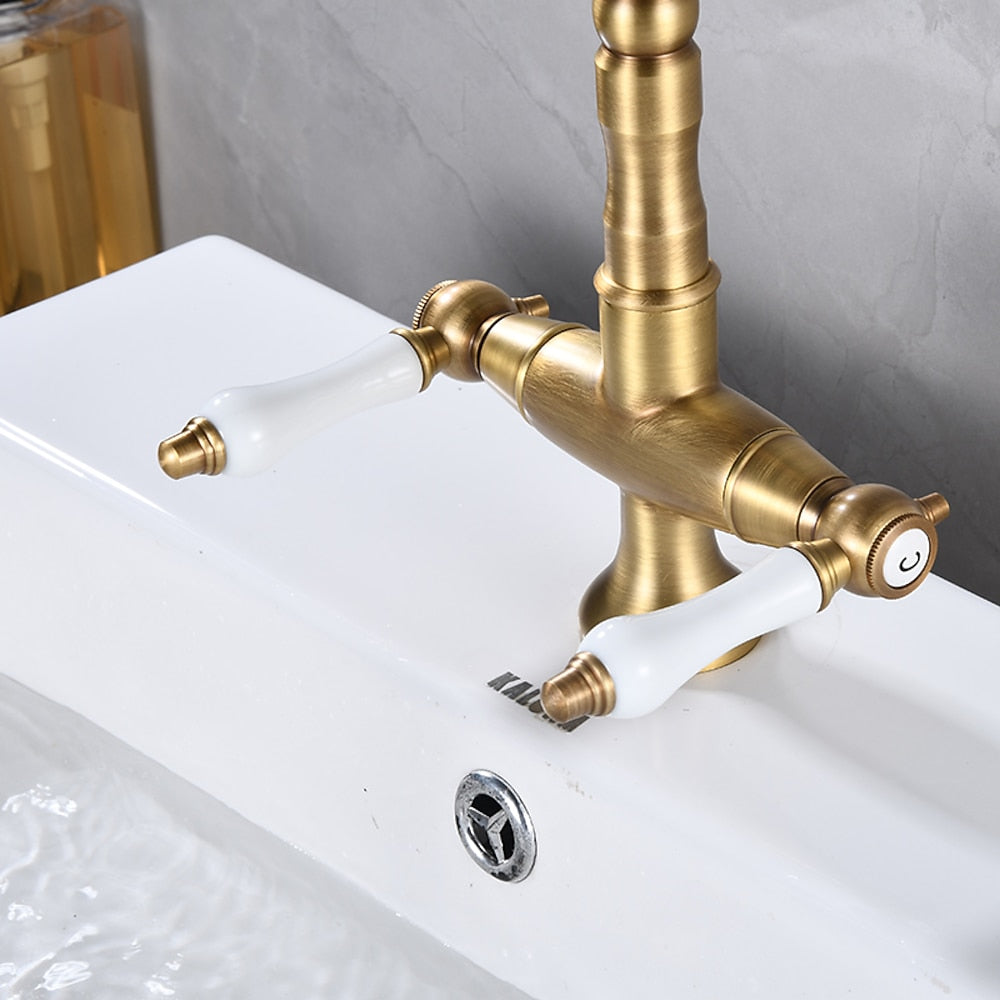 Antique Single-Hole Bathroom Faucet, Dual Ceramic Handle Swivel Spout Faucet, Antique Brass / Brushed Nickel / Chrome / Matte Black / Polished Gold