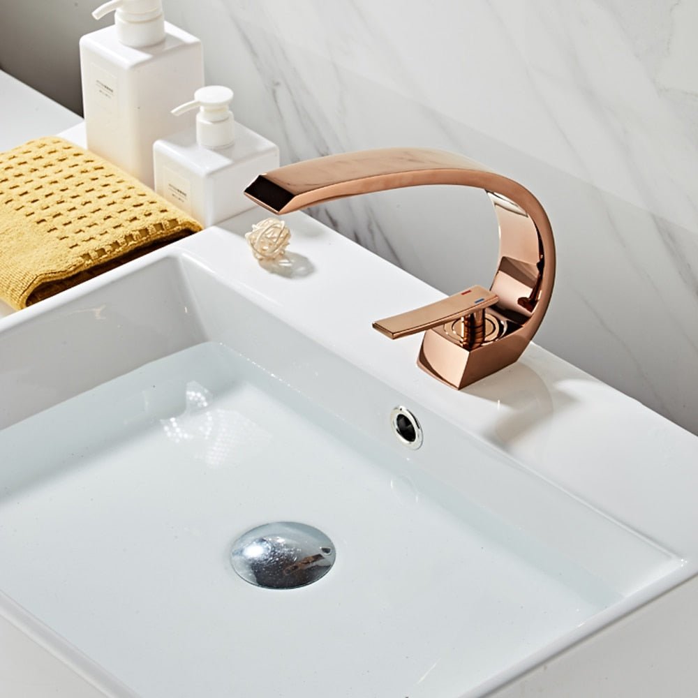 Modern Curved Rose Gold Bathroom Faucet, Single-Hole Single-Handle Faucet
