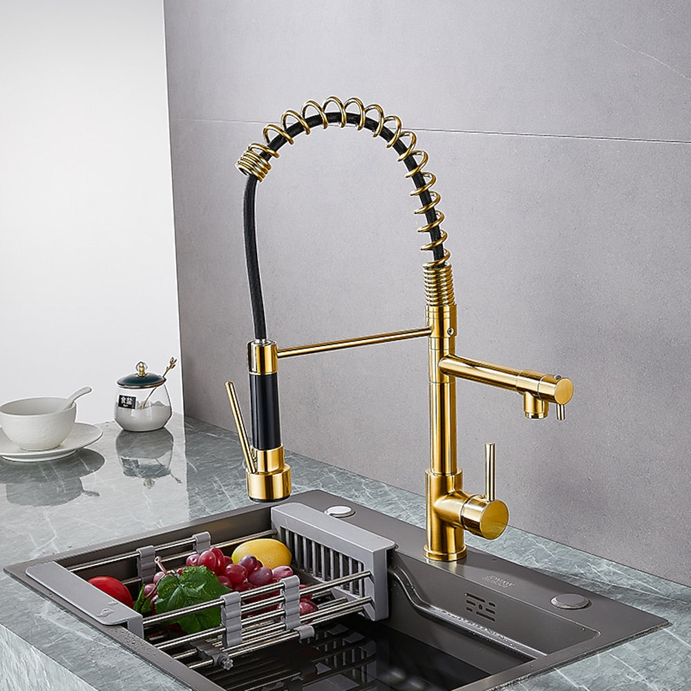 Two-Tone Black Gold Modern Pre-Rinse Kitchen Faucet, Single-Hole Brass Pull-Down Faucet