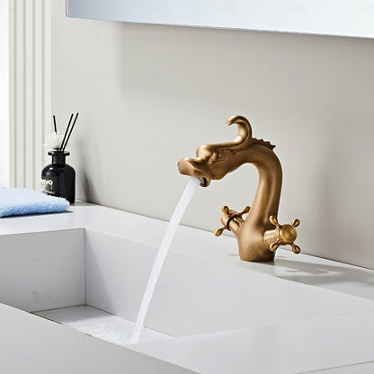 Vintage Antique Brass Dragon Bathroom Faucet, Single-Hole Solid Brass Faucet with Dual Cross Handles