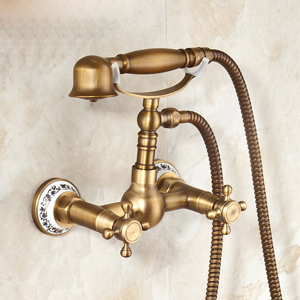 Antique Brass Wall-Mount Tub Filler Faucet, Double Cross Handle Telephone Bath Mixer Tap with Handheld Shower
