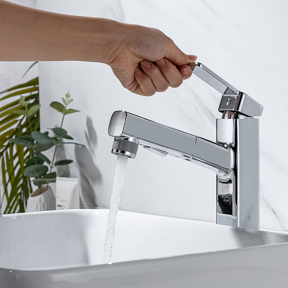 Pull-Out Single-Hole Brass Bathroom Faucet, Upward Fountain Spout Faucet, Chrome / Matte Black / Brushed Gold / Gunmetal