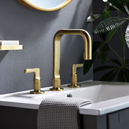 Widespread Two-Handle Bathroom Faucet, Modern High Arc Brass Basin Faucet with Water Supply Hoses, Brushed Gold / Gunmetal