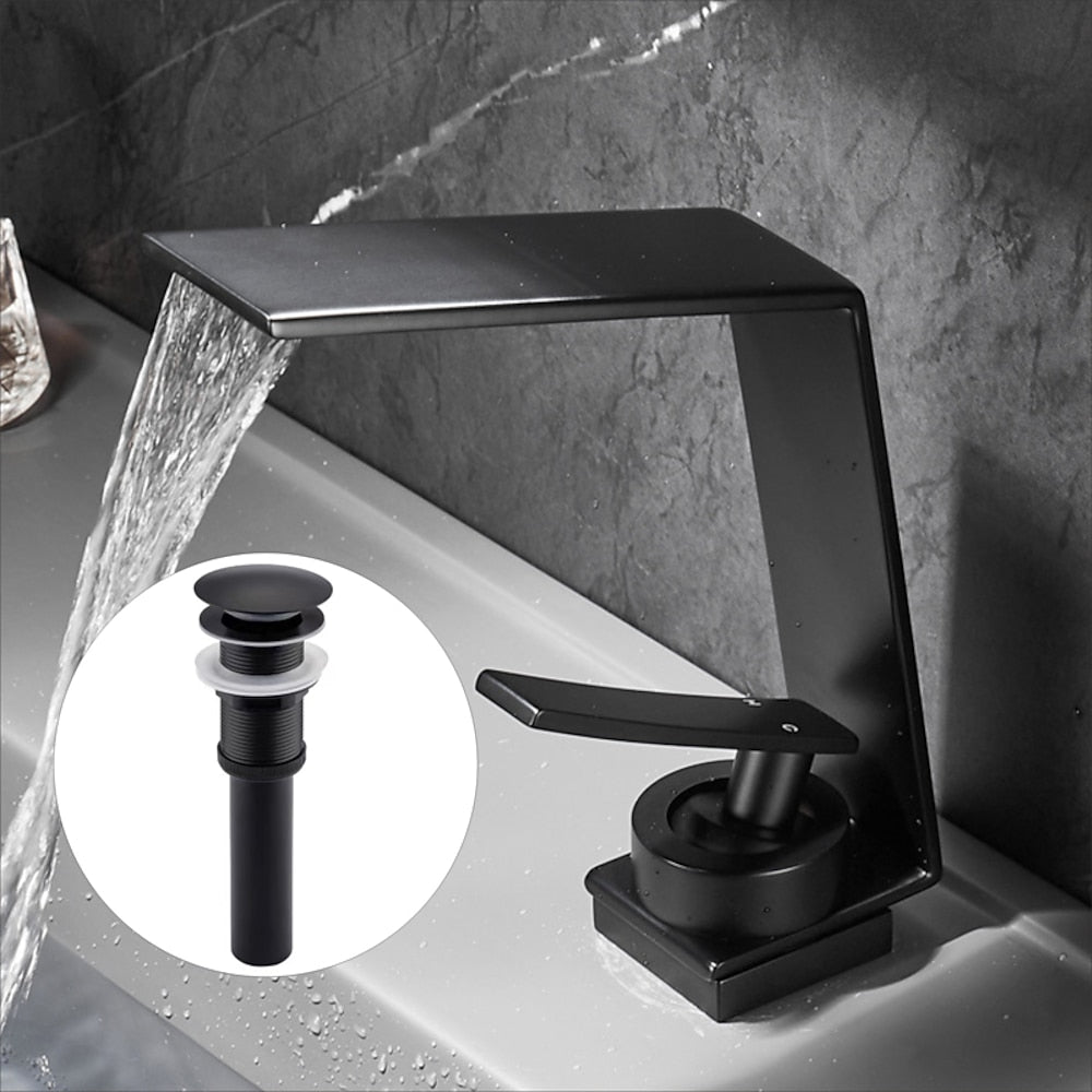 Waterfall Bathroom Faucet, Modern Single-Hole Single-Handle Faucet with Pop-Up Drain, Chrome / Matte Black / Gunmetal