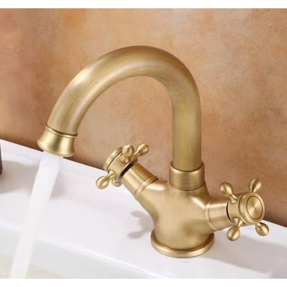 Antique Brass Swivel Spout Bathroom Faucet, Single-Hole Dual Cross Handle Vanity Faucet