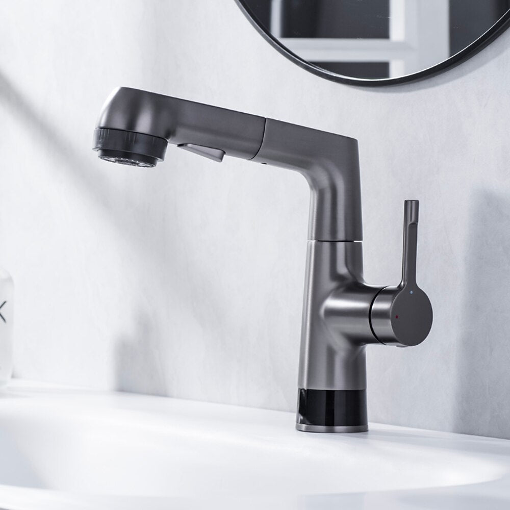 LED Digital Display Pull-Out Bathroom Faucet, Liftable Single-Handle Deck Mount Faucet, Gunmetal / Matte White / Chrome