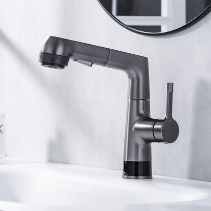 LED Digital Display Pull-Out Bathroom Faucet, Liftable Single-Handle Deck Mount Faucet, Gunmetal / Matte White / Chrome