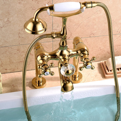 Traditional Roman Tub Faucet with Handheld Shower, 3-Handle Deck-Mount Tub Filler, Chrome / Polished Gold