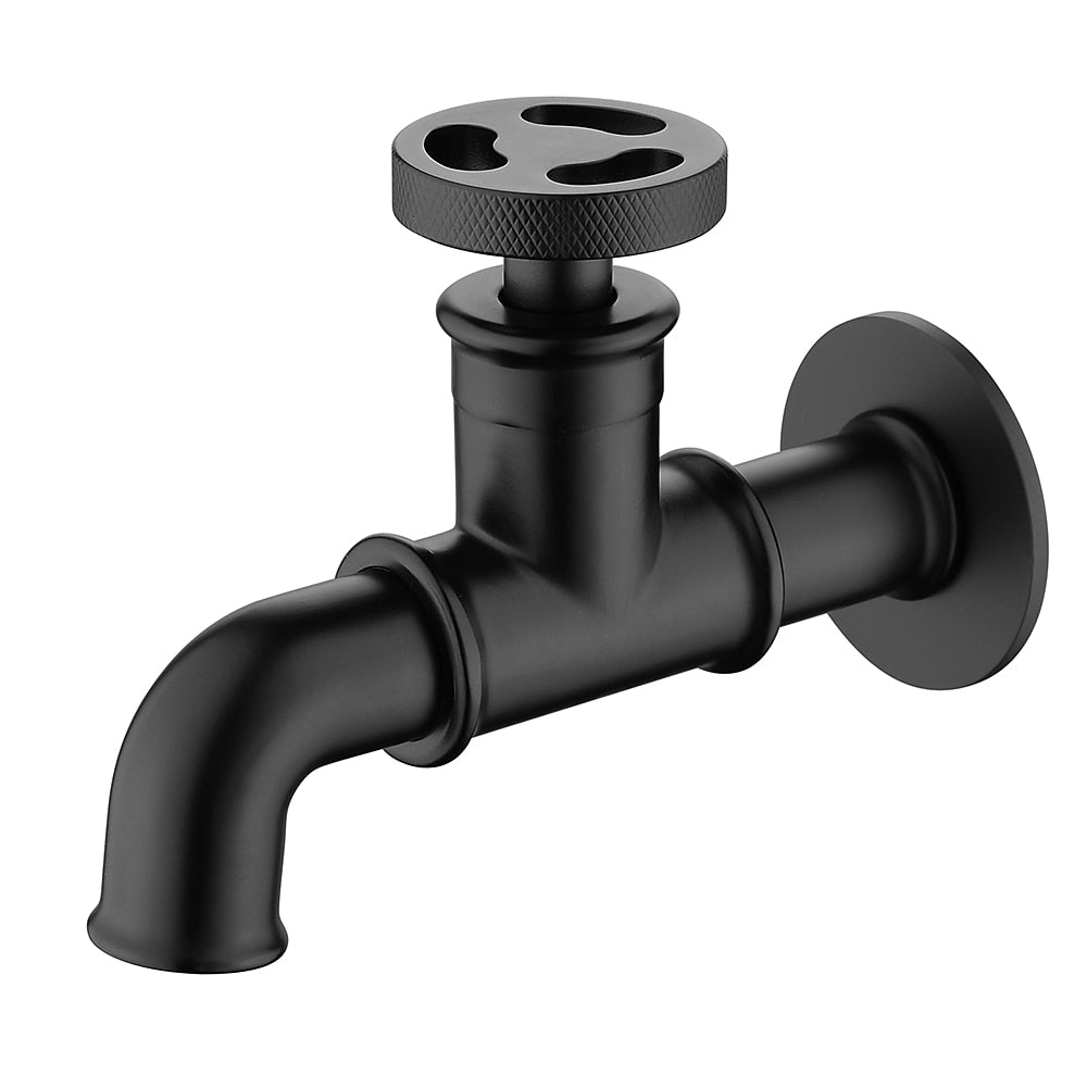 Industrial Single-Cold Wall-Mount Faucet, Single-Handle Brass Utility Faucet with Wheel Handle, Matte Black / Polished Gold