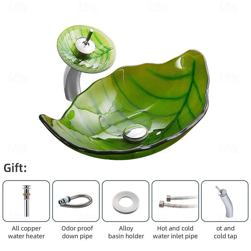 Modern Leaf-Shaped Glass Vessel Sink, Single-Handle Waterfall Spout Faucet Combo with Pop-Up Drain, Multi- / Bronze / Black / Gold