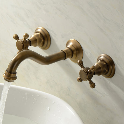 360-Degree Swivel Spout Wall-Mount Bathroom Faucet, Traditional Dual Cross Handle Brass Faucet, Antique Brass / Matte Black / Chrome / Matte White