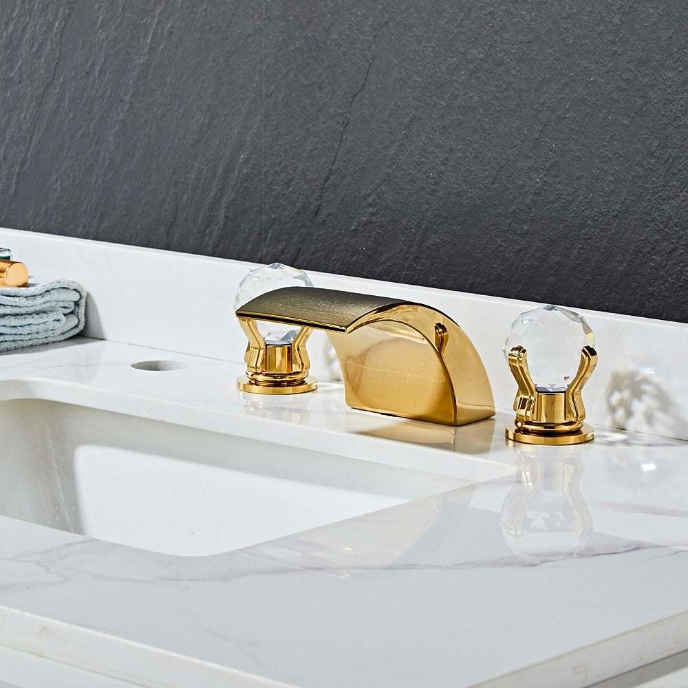 Waterfall Bathroom Faucet, Modern 3-Hole Widespread Faucet, Double Crystal Handle Faucet, Matte Black / Chrome / Brushed Gold / Polished Gold