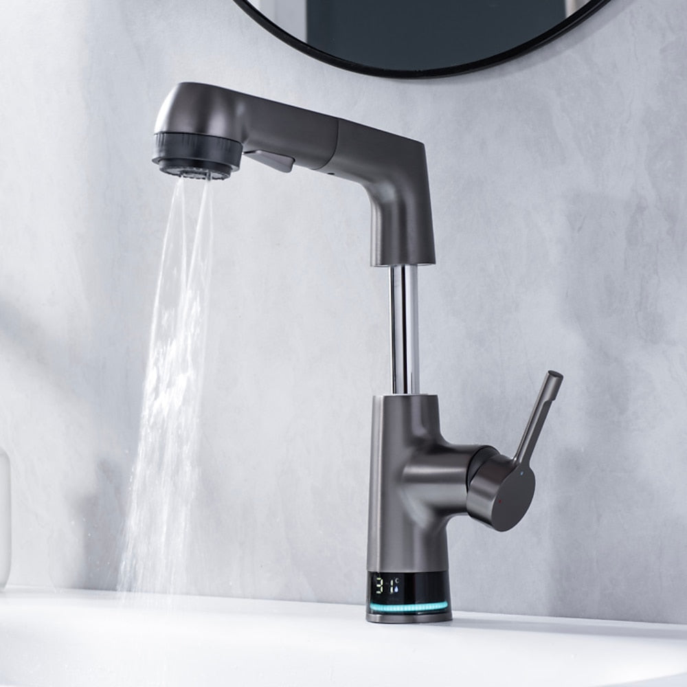 LED Digital Display Pull-Out Bathroom Faucet, Liftable Single-Handle Deck Mount Faucet, Gunmetal / Matte White / Chrome