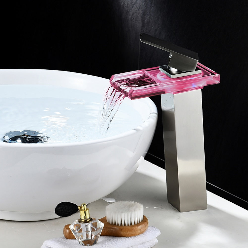 LED Waterfall Bathroom Faucet, Single-Handle Tall Body Vessel Sink Faucet, Polished Gold / Brushed Nickel / Oil-Rubbed Bronze / Chrome