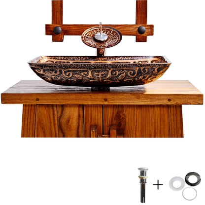 Vintage Bronze Tempered Glass Rectangular Vessel Sink with Waterfall Faucet, Single-Hole Bathroom Vanity Combo with Pop-Up Drain