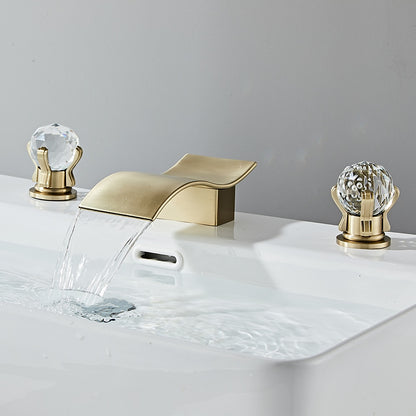 Waterfall Widespread Bathroom Sink Faucet, Double Crystal Knob Handle Deck Mounted Faucet, Matte Black / Chrome / Brushed Gold / Brushed Nickel / Gunmetal / PVD