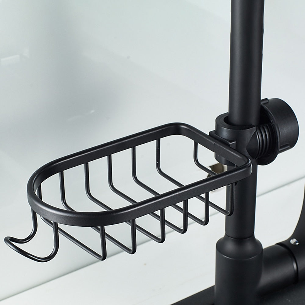 Modern Aluminum Faucet Storage Rack, Clamp-On Sink Caddy Organizer with Integrated Hooks, Black / Silver
