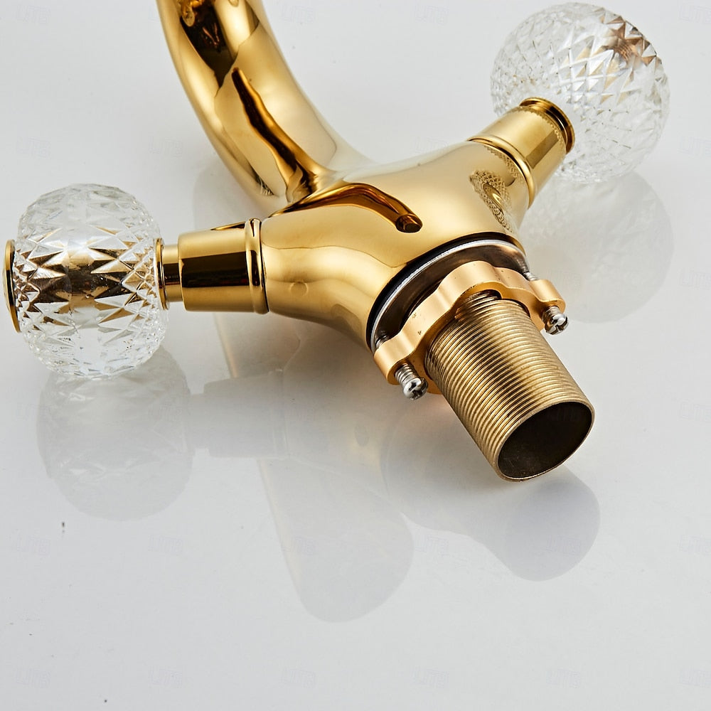 Polished Gold Single-Hole Bathroom Faucet, Dual Crystal Knob Handles Brass Faucet