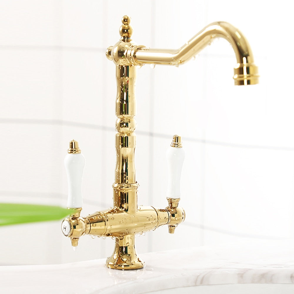 Antique Single-Hole Bathroom Faucet, Dual Ceramic Handle Swivel Spout Faucet, Antique Brass / Brushed Nickel / Chrome / Matte Black / Polished Gold