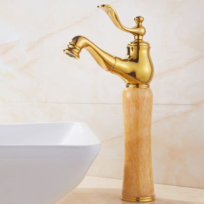 Vintage Traditional Single-Hole Bathroom Faucet, Single-Handle Brass Faucet with Marble Column Base, Gold / White / Multi