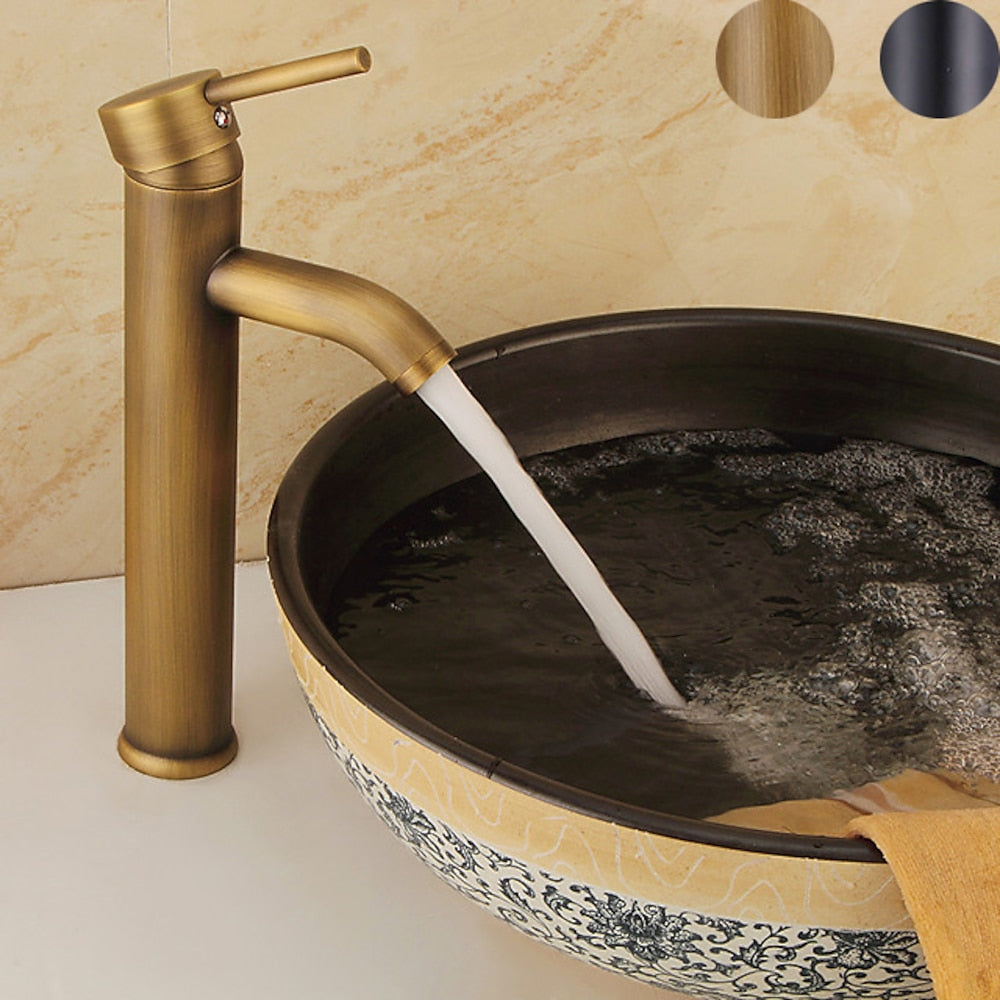 Tall Vessel Sink Faucet, Single-Handle Brass Faucet, Antique Brass / Matte Black