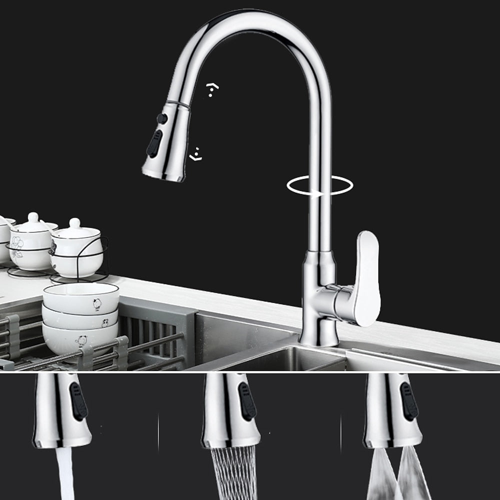 Modern Pull-Down Kitchen Faucet, Single-Handle High-Arc Brass Faucet, Chrome / Gunmetal / Matte Black