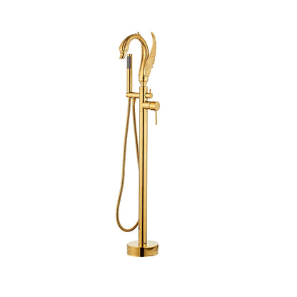 Swan-Design Freestanding Tub Filler Faucet, Single-Handle Bathroom Bathtub Faucet with Handheld Shower, Chrome / Polished Gold / Matte Black