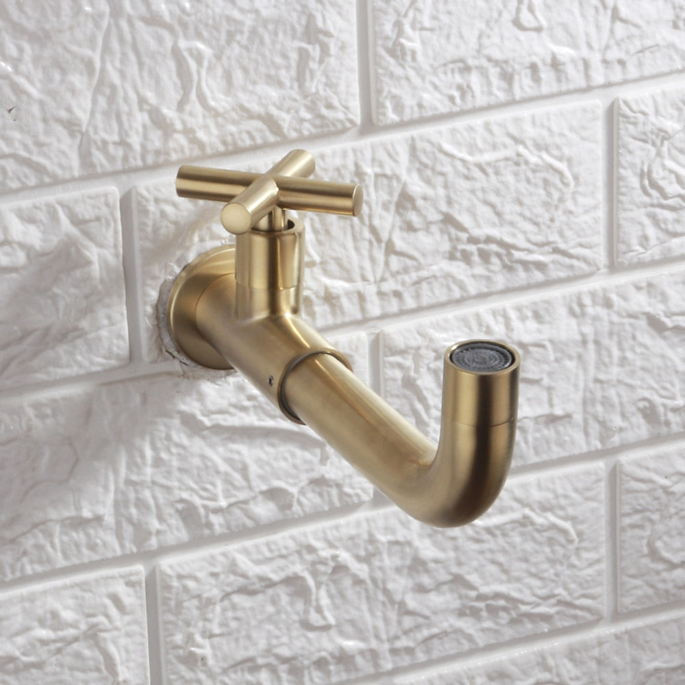 Industrial Wall-Mount Cold Water Bathroom Faucet, Single-Handle Rotatable Spout Tap, Brushed Gold / Chrome / Gunmetal