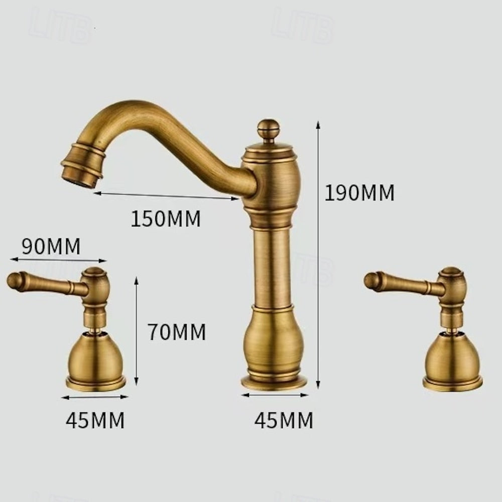 Vintage 8-Inch Widespread Bathroom Faucet, Two-Handle Brass Basin Faucet with Pop-Up Drain, Antique Brass / Matte Black