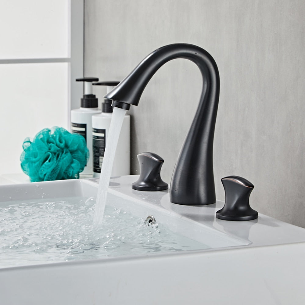 Widespread Double-Handle Bathroom Faucet, Modern High Arc Brass Basin Faucet, Chrome / Polished Gold / Brushed Nickel / Oil-Rubbed Bronze