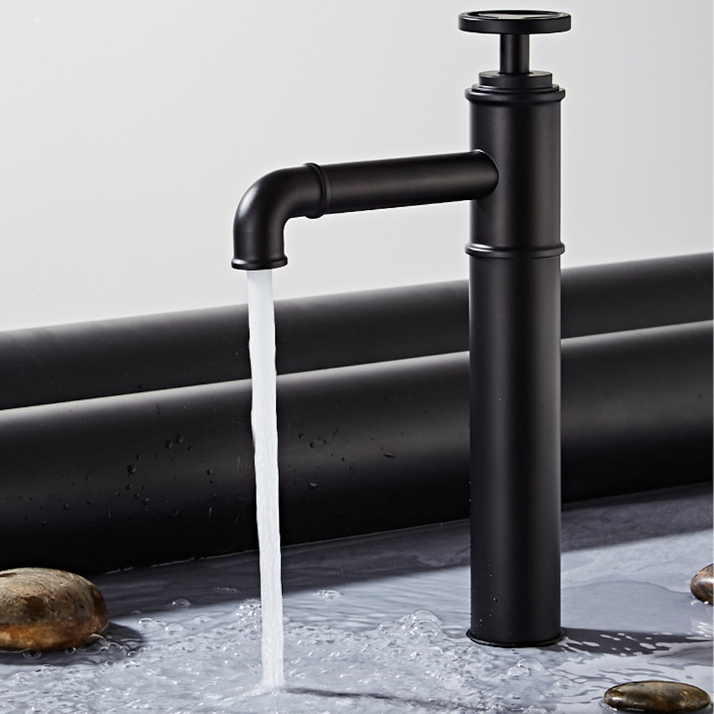 Matte Black Industrial Single-Hole Vessel Sink Faucet, Single Wheel Handle Brass Bathroom Faucet