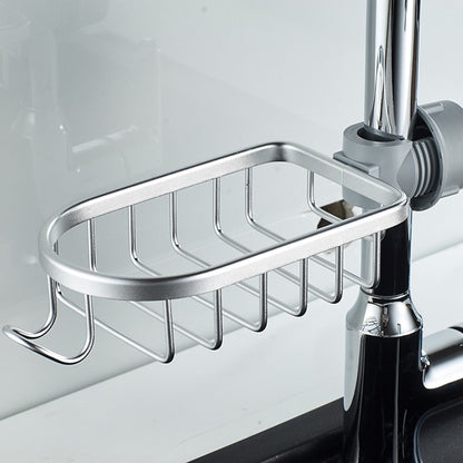 Modern Aluminum Faucet Storage Rack, Clamp-On Sink Caddy Organizer with Integrated Hooks, Black / Silver