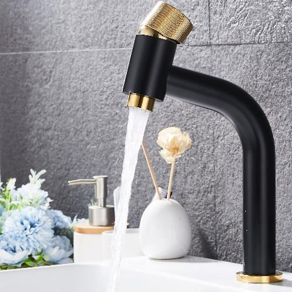 Modern Single-Hole Bathroom Faucet, Single-Handle Brass Vanity Faucet with Knurled Handle, Matte Black / Brushed Gold / Rose Gold