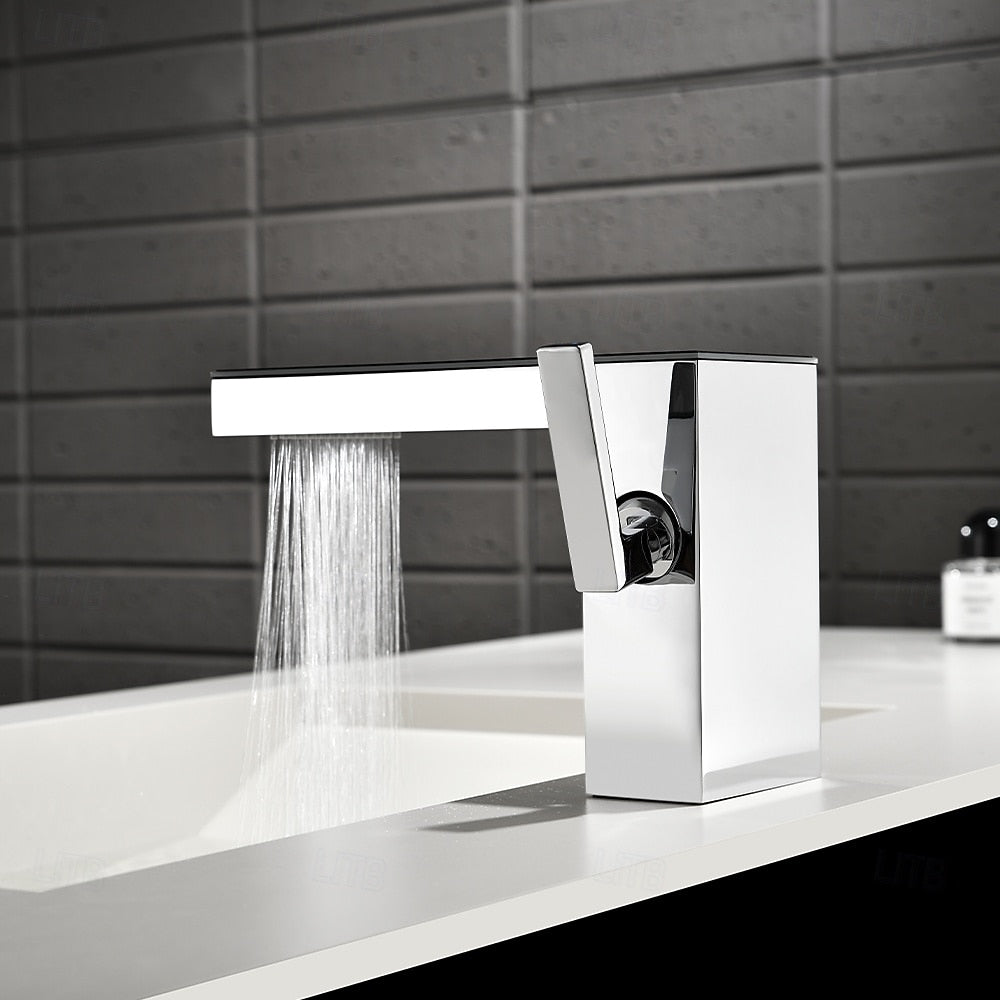 Modern Waterfall Bathroom Faucet, Single-Handle Brass Basin Faucet, Chrome / Brushed Gold / Matte White