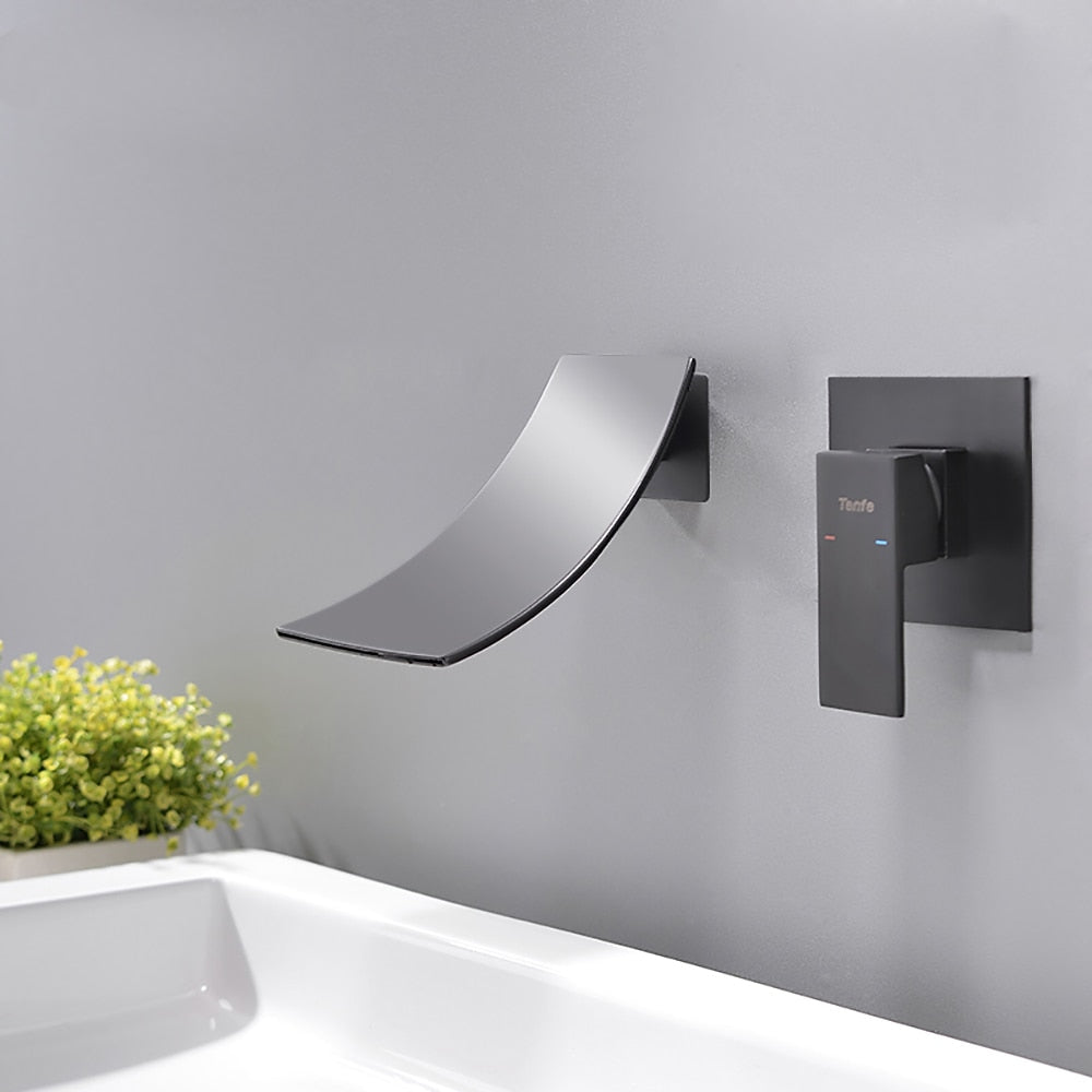 Matte Black Waterfall Wall-Mount Bathroom Faucet, Single-Handle Brass Basin Faucet with Rough-In Valve