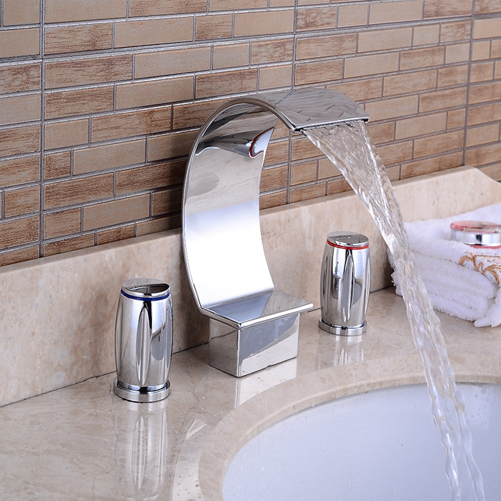 Waterfall Modern Bathroom Faucet, 3-Hole Widespread Dual-Handle Brass Faucet, Chrome / Matte Black / Brushed Nickel / Polished Gold
