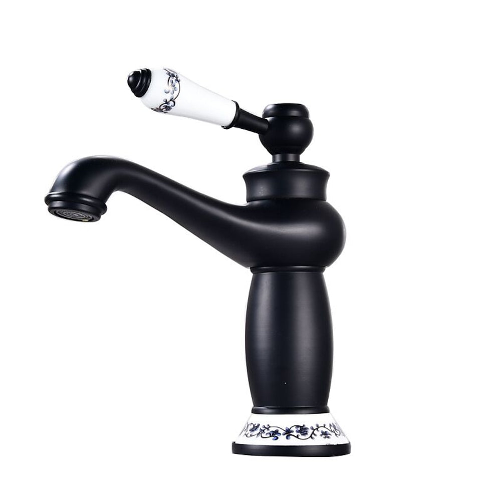 Vintage Single-Hole Bathroom Faucet, Single-Handle Brass Faucet with Ceramic Floral Base, Antique Brass / Chrome / Polished Gold / Matte Black