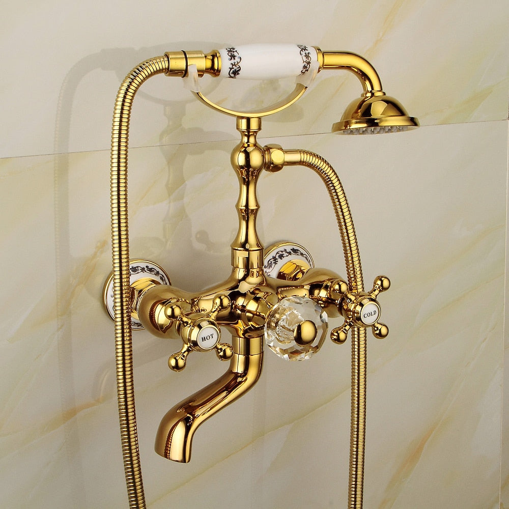 Polished Gold Wall-Mount Tub Filler Faucet, Telephone Dual-Handle Bathtub Faucet with Handheld Shower
