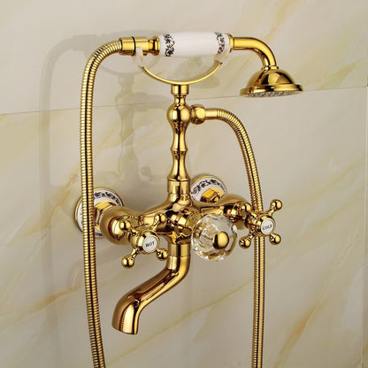 Polished Gold Wall-Mount Tub Filler Faucet, Telephone Dual-Handle Bathtub Faucet with Handheld Shower