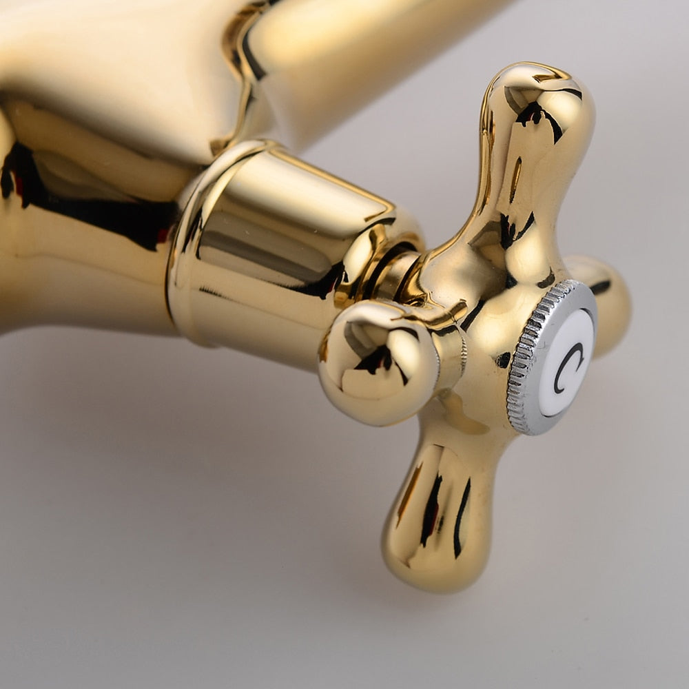 Polished Gold Traditional Single-Hole Bathroom Faucet, Dual Cross Handle High Arc Faucet
