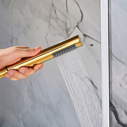 Modern Freestanding Floor-Mount Tub Filler Faucet, Single-Handle Swivel Spout Faucet with Handheld Shower