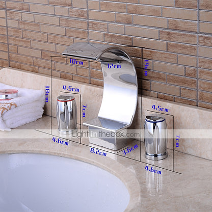 Waterfall Modern Bathroom Faucet, 3-Hole Widespread Dual-Handle Brass Faucet, Chrome / Matte Black / Brushed Nickel / Polished Gold