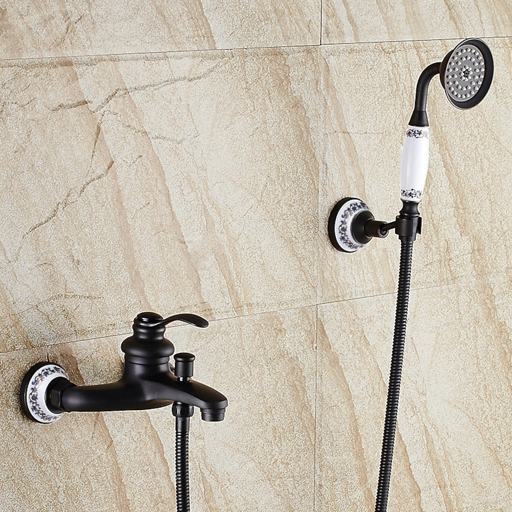 Vintage Wall-Mount Tub Faucet, Single-Handle Brass Bath Tub Faucet with Handheld Shower, Antique Brass / Matte Black / Brushed Brass / Copper