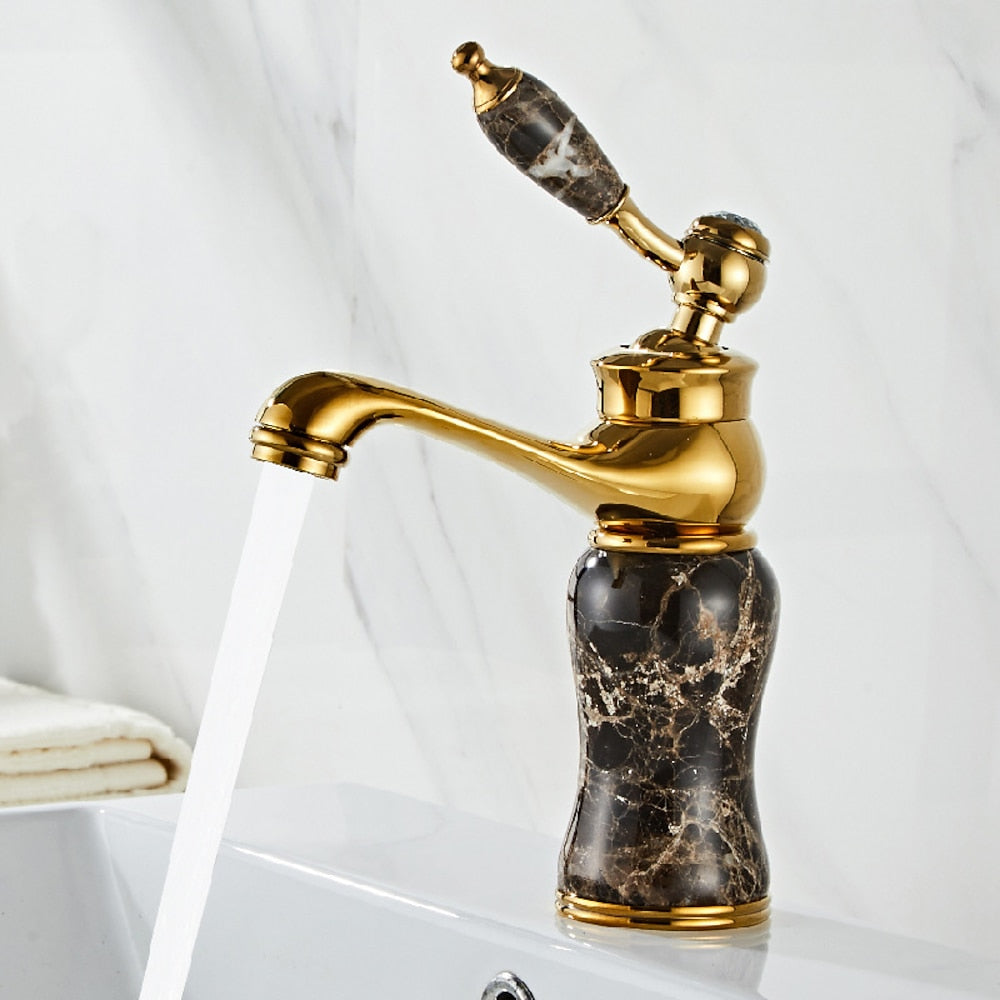 Jade Insert Bathroom Faucet, Modern Single-Hole Single-Handle Brass Faucet, Gold / White / Black