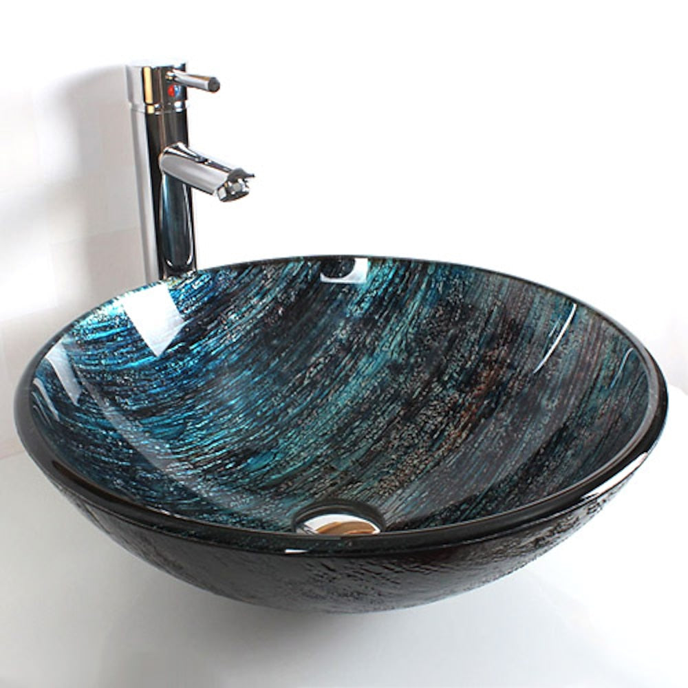 Round Blue Glass Basin Faucet Combo, Chrome Single-Handle Vessel Faucet with Pop-Up Drain
