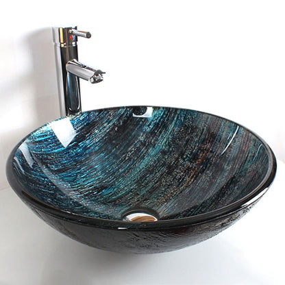 Round Blue Glass Basin Faucet Combo, Chrome Single-Handle Vessel Faucet with Pop-Up Drain