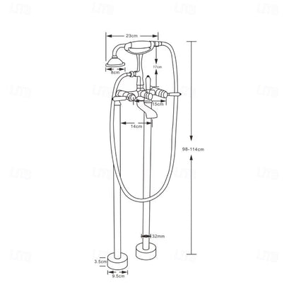 Polished Gold Retro Vintage Tub Filler Faucet, Floor-Mount Three-Handle Faucet with Handheld Shower