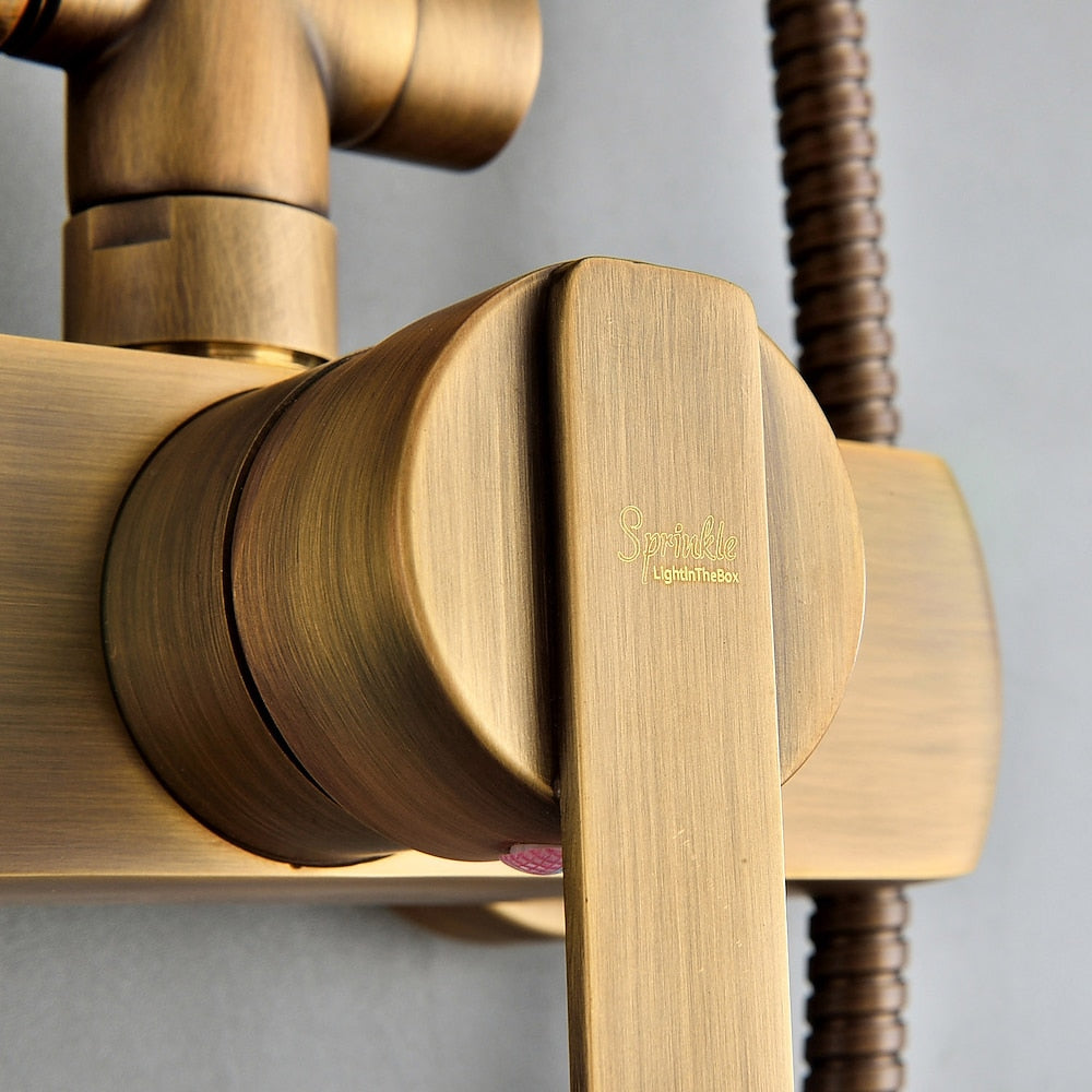 Traditional Antique Brass Wall-Mount Shower System, Single-Handle Exposed Pipe Faucet with 8-Inch Rainfall Shower Head, Handheld Sprayer