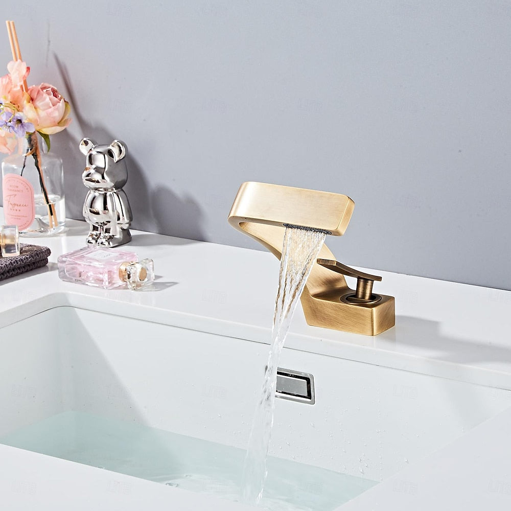Antique Brass Waterfall Bathroom Faucet, Single-Hole Single-Handle Sink Faucet
